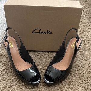 Clarks Black Patent Peep Toe Slingback Heels